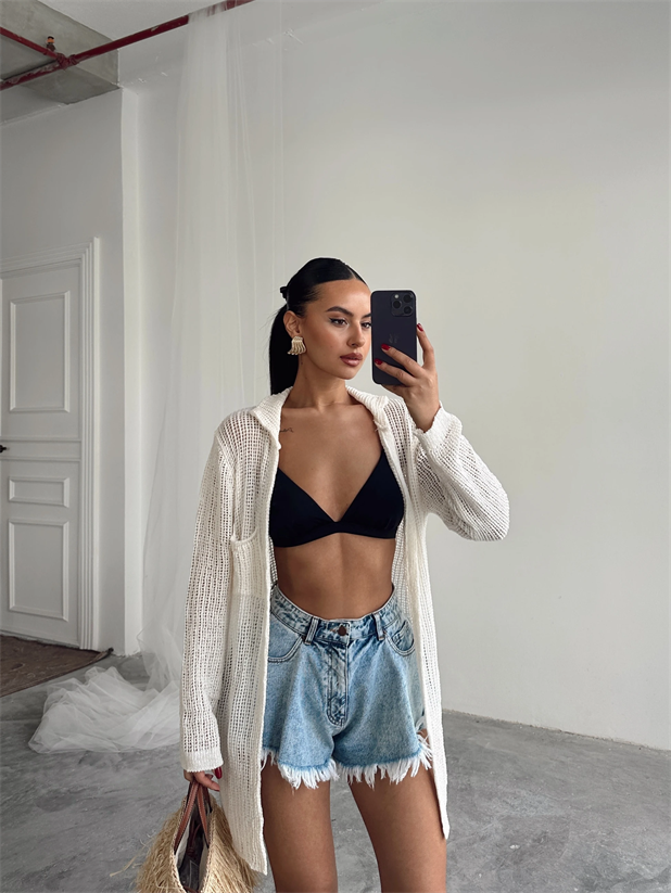 Beyli Ajur Polo Yaka Hırka Ekru - Ekru