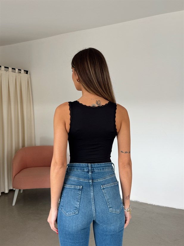 Kalın Askı Dantelli Atlet - Siyah