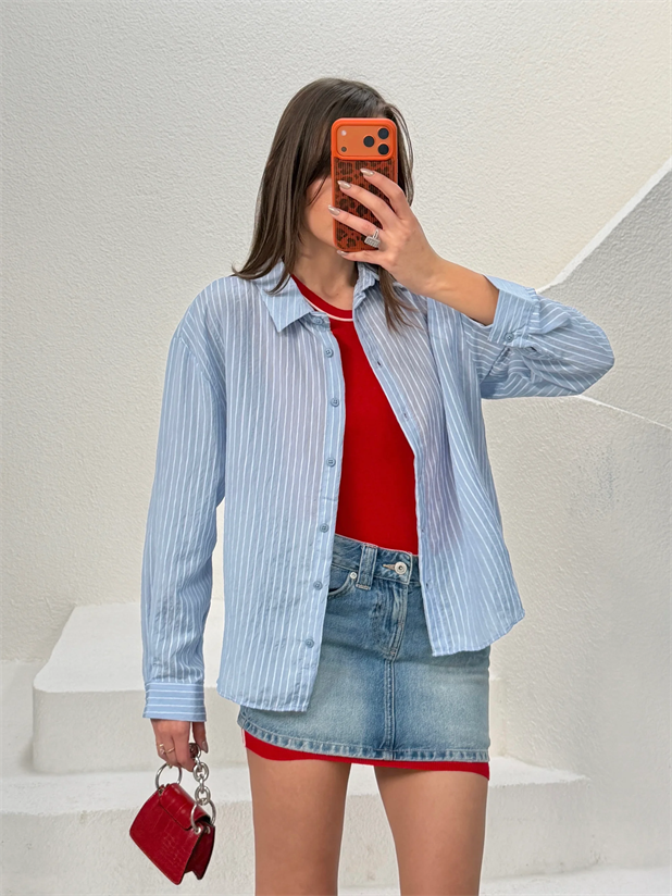 Çizgili Dokulu Gömlek - Mavi