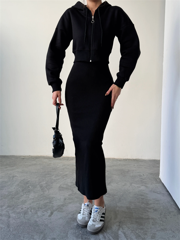 Fermuarlı Sweat Elbise Takım  - Siyah