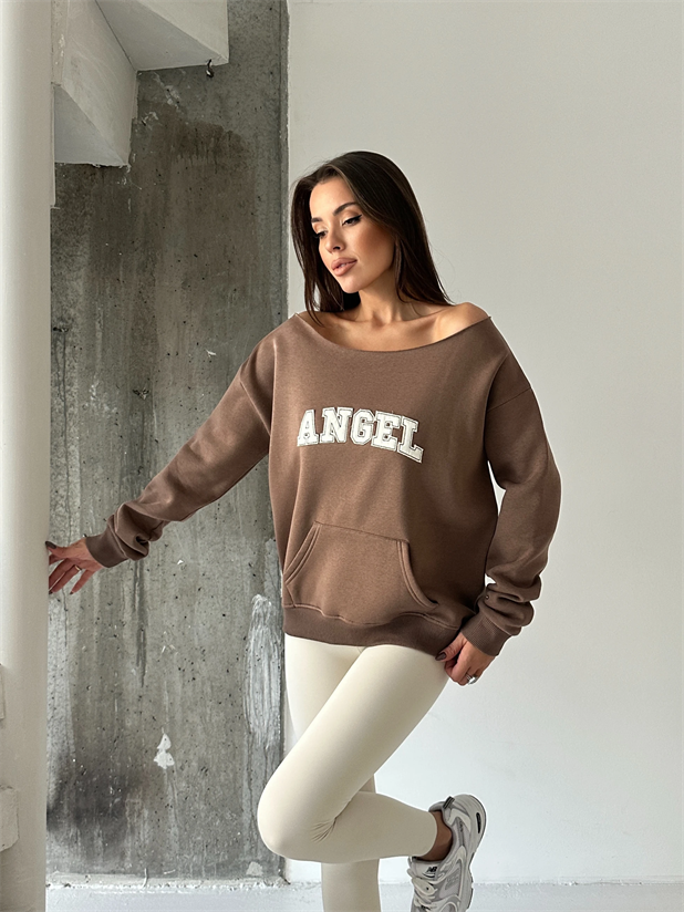 Angel Nakışlı Kayık Yaka Sweat - Kahve