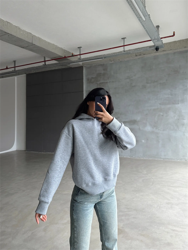 Kapüşonlu Sweatshırt Gri Melanj - Gri