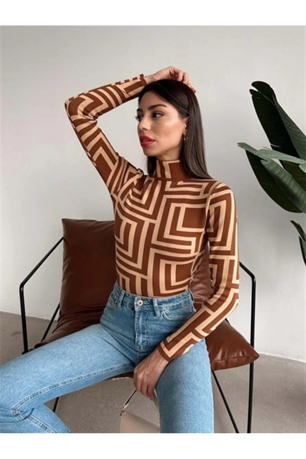 Desenli Dik Yaka Triko Bluz KİREMİT DESEN - Kiremit Desen