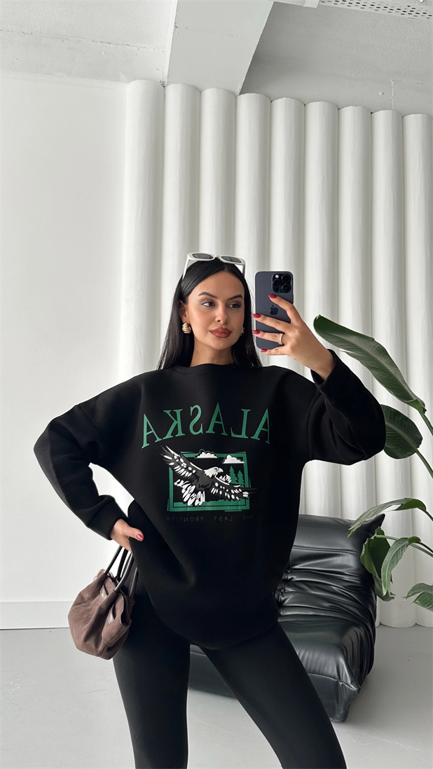 Alaska Üç İplik Şardonlu Oversize Sweat Siyah - Siyah