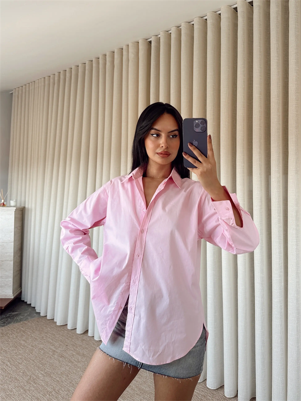 Düz Oversize Gömlek - Pembe