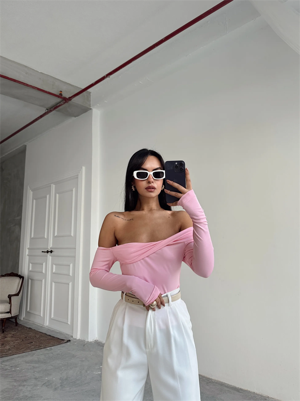 Yaka Katlama Bluz  - Pembe