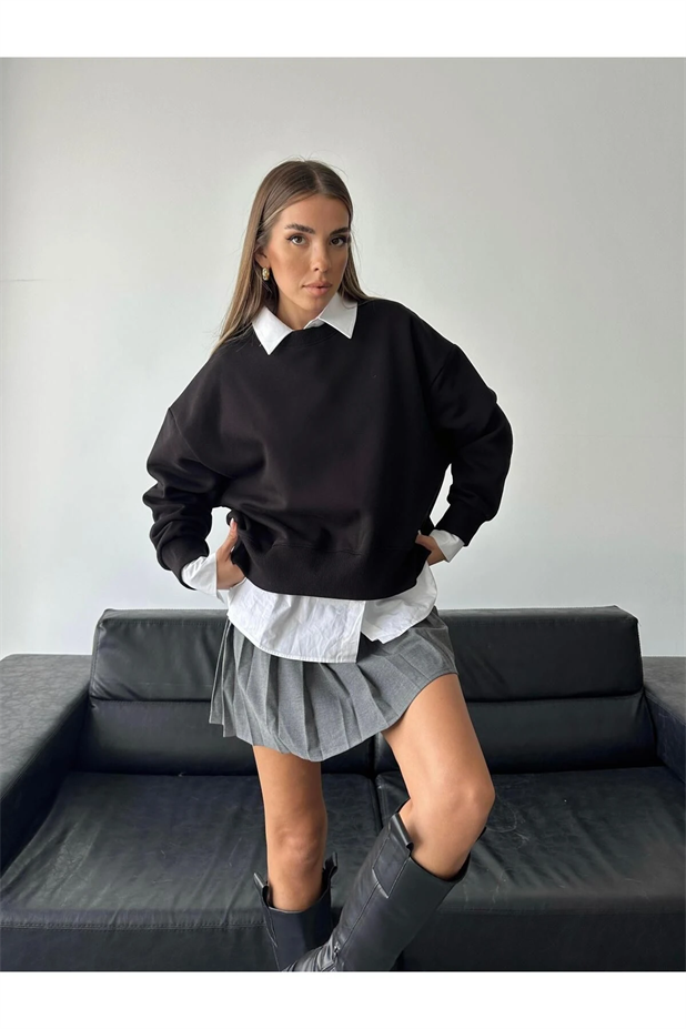 Sage Bisiklet Yaka Sweatshirt Siyah - Siyah