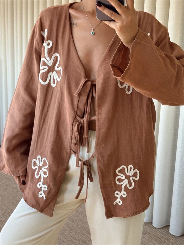 Nakışlı Kimono Takım  - Kahve