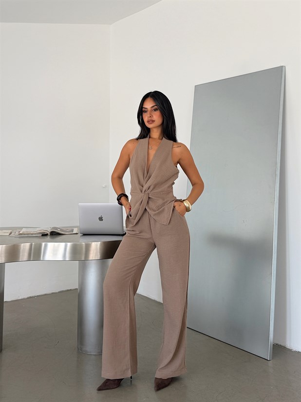 Keten Bluz Pantolon Takım - Vizon