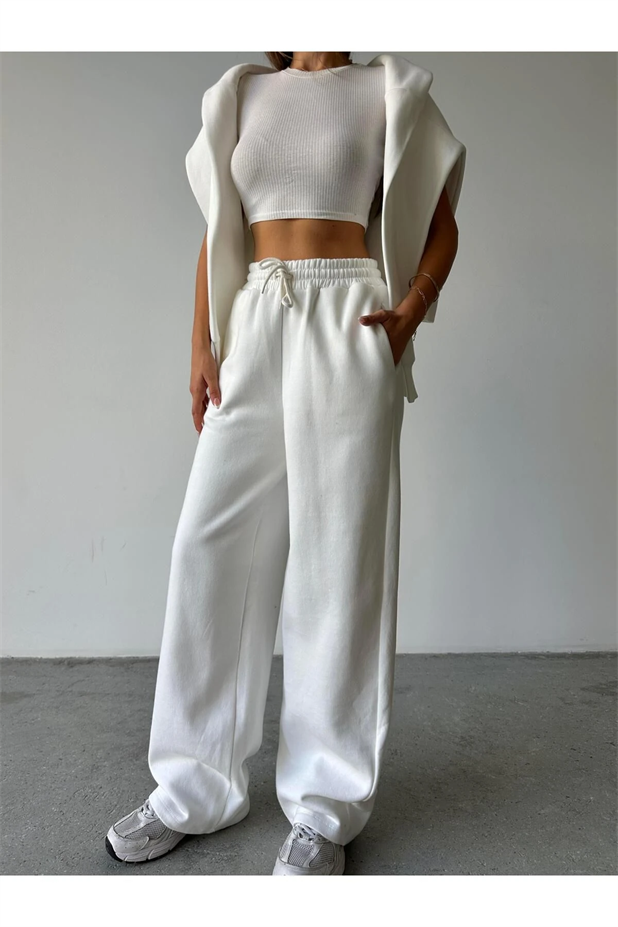 Üç İplik Şardonlu Palazzo Eşofman Beyaz - Beyaz