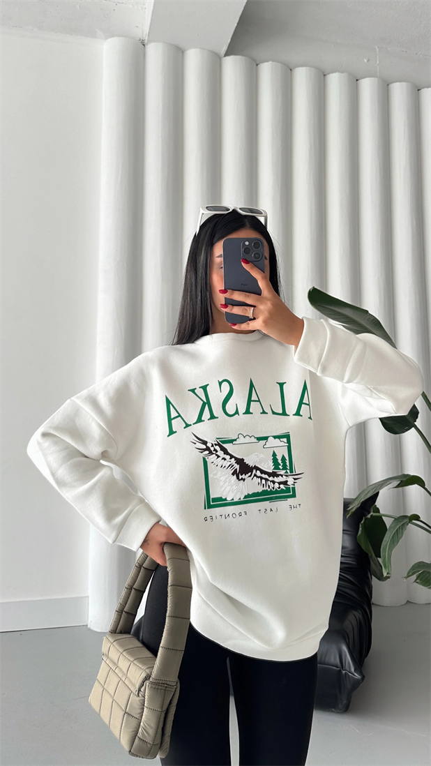 Alaska Üç İplik Şardonlu Oversize Sweat Beyaz - Beyaz