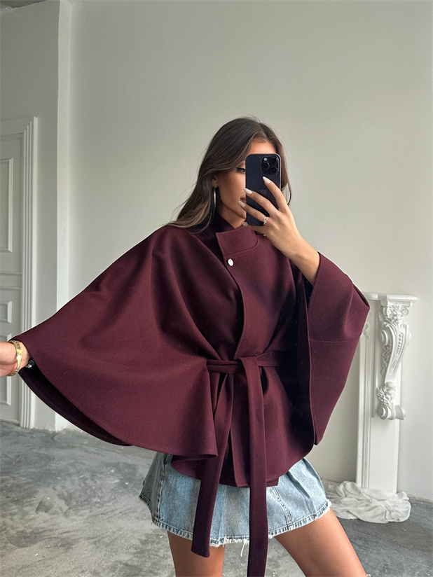 Kaşe Kuşaklı Pelerin Kaban - Bordo