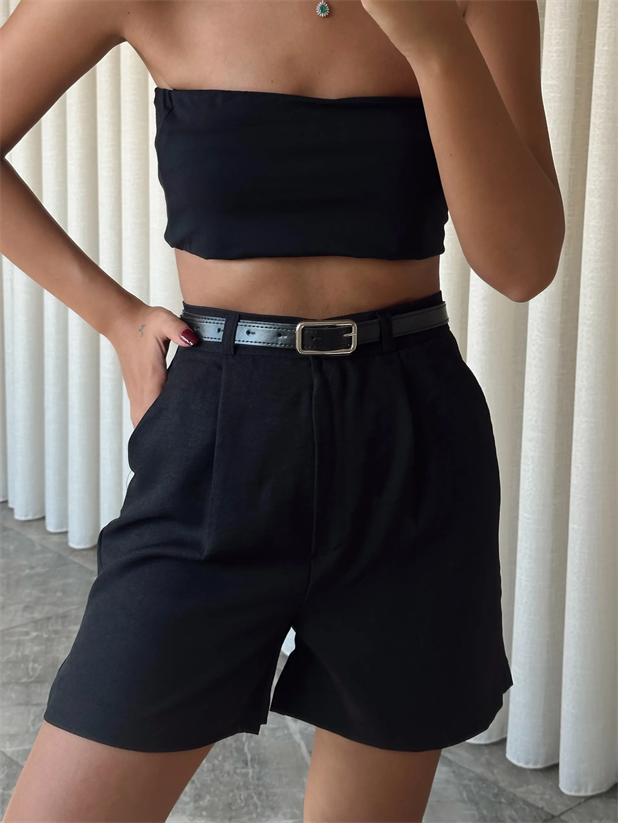 Keten Tek Pile Kemerli Şort - Siyah