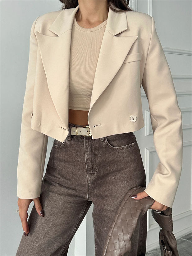 Çift Düğme Crop Blazer Ceket Bej - Bej