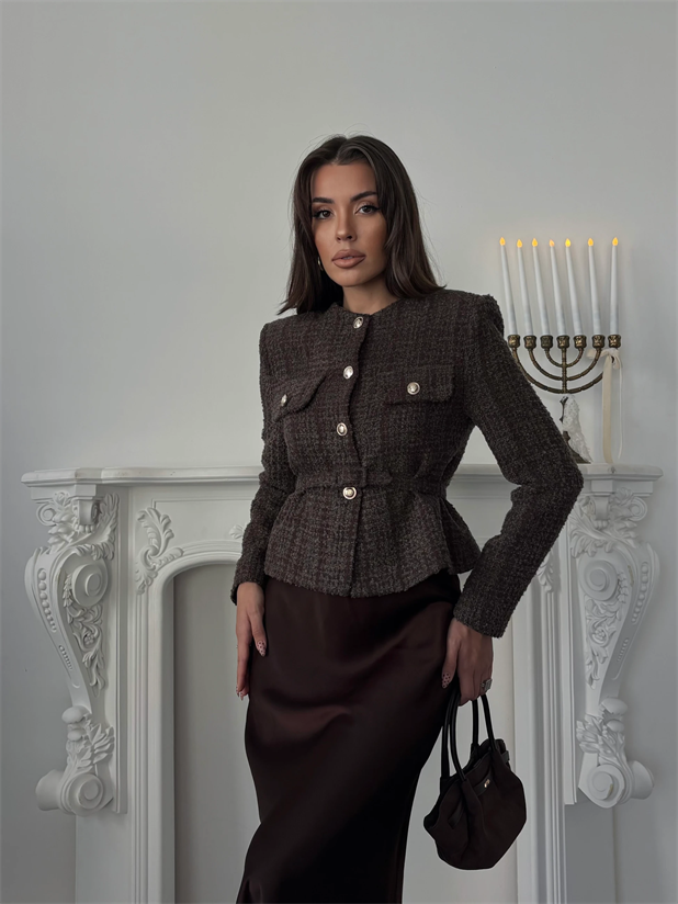 Kemer Detaylı Düğmeli Ceket - Kahve