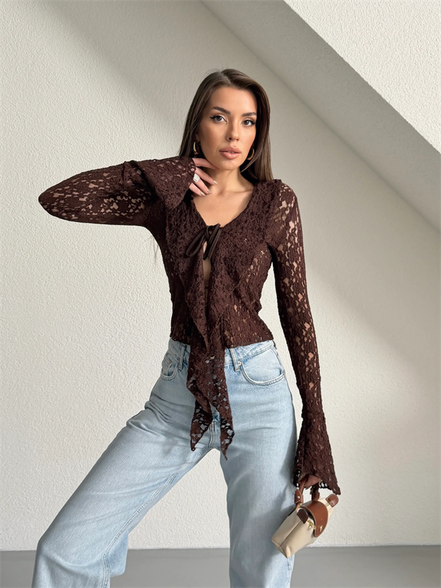 İspanyol Kol Bağcıklı Dantel Bluz - Kahve