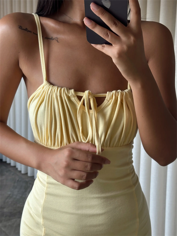 Göğüs Kulplu Askılı Elbise  - Sarı