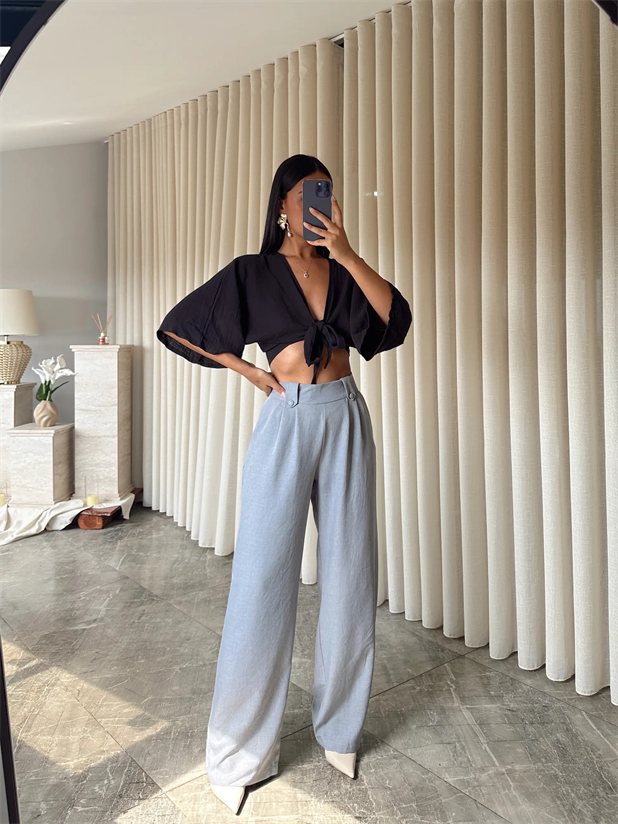 Apoletli Keten Palazzo  - Gri