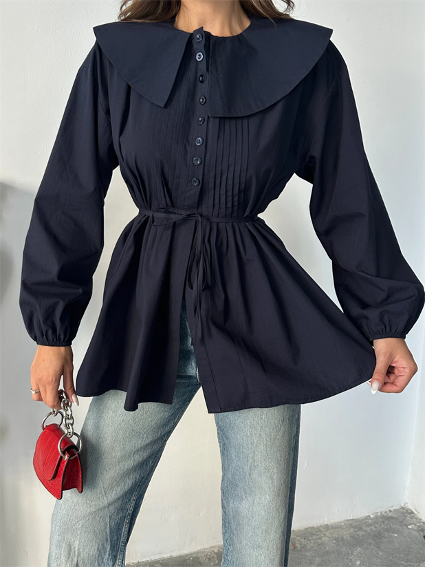 Geniş Yaka Poplin Gömlek - Lacivert