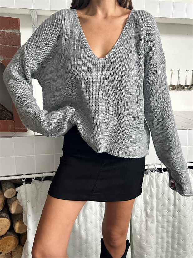 Selanik Örgü V Yaka Triko Kazak - Gri