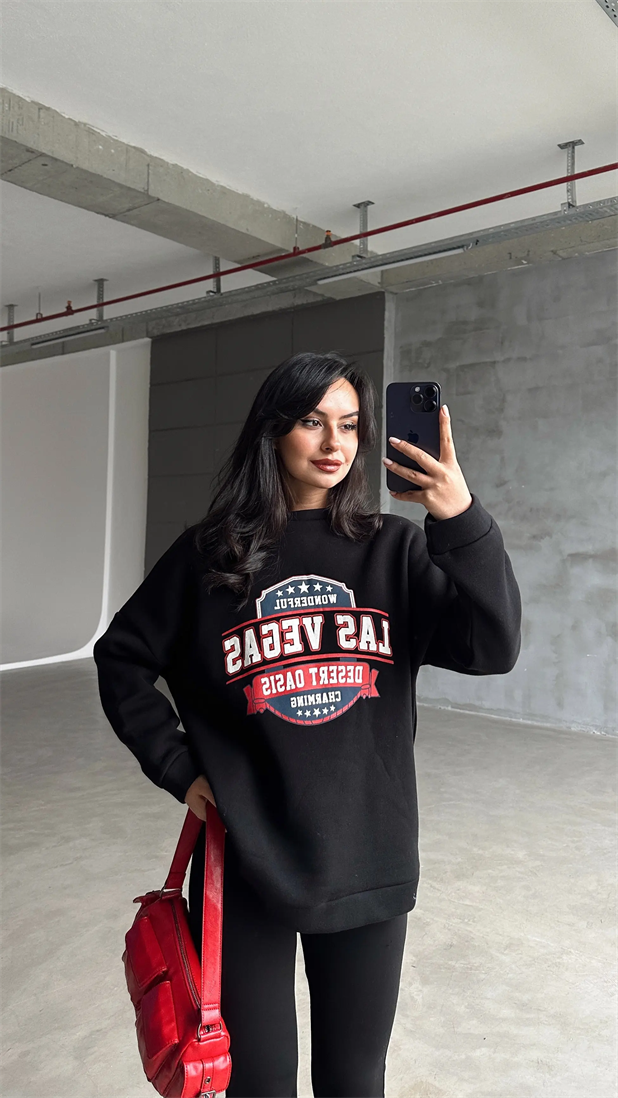 Las Vegas Üç İplik Oversize Sweat Siyah - Siyah