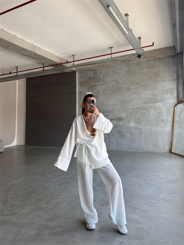 Belden Bağlamalı Keten Kimono Takım - Beyaz
