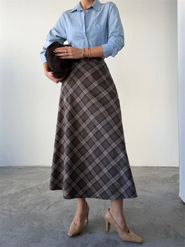 Kloş Ekoseli Etek - Kahve