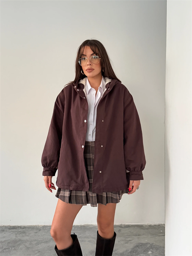 Kapüşonlu İçi Peluş Mont - Kahve