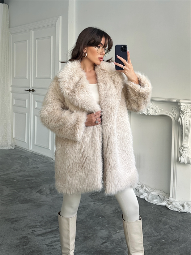 Premium Yakalı Uzun Kürk - Taş