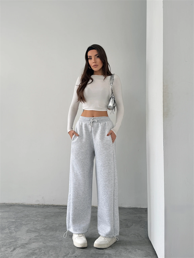 Paça Büzgülü Şardonlu Eşofman - Gri