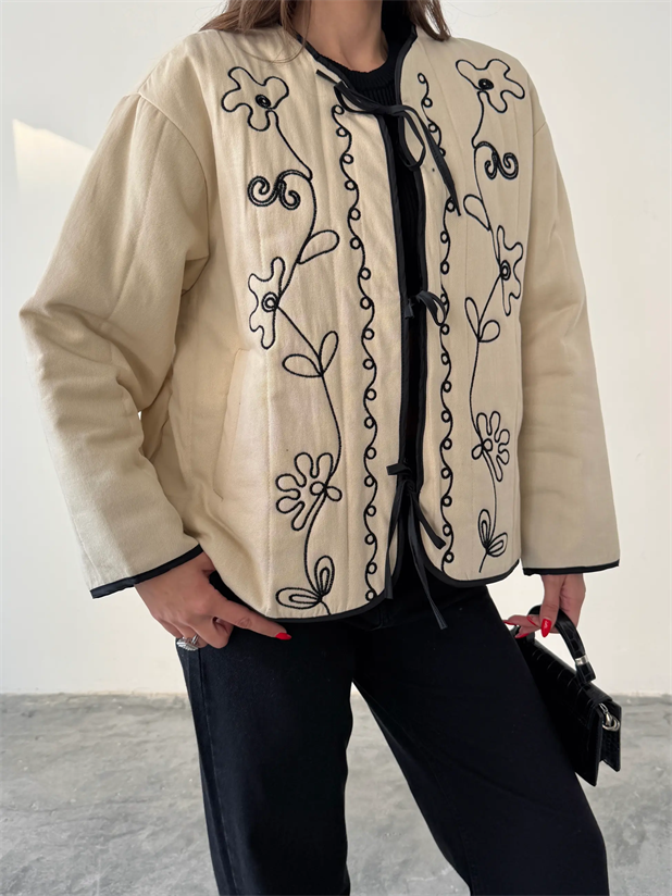 Nakış Detaylı Bağlamalı Etnik Ceket - Ekru