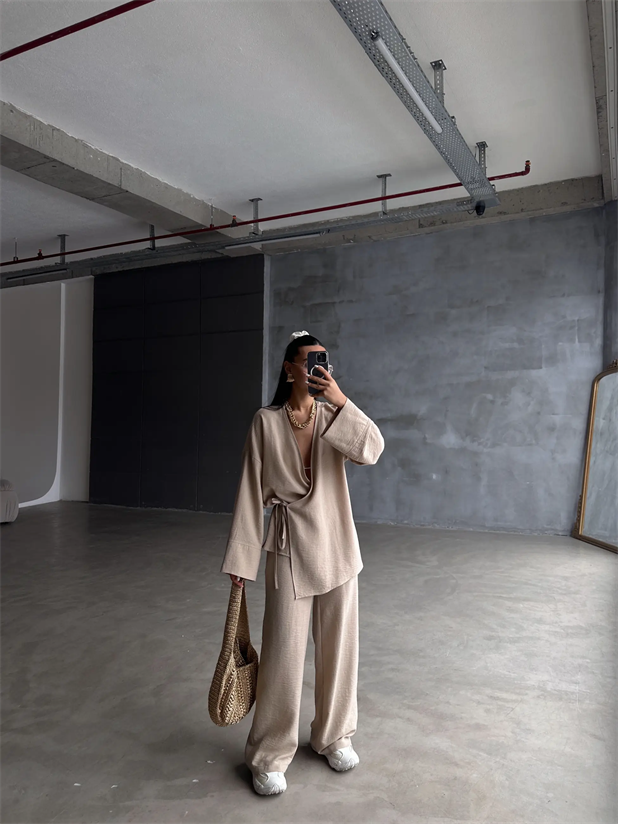 Belden Bağlamalı Keten Kimono Takım - Vizon