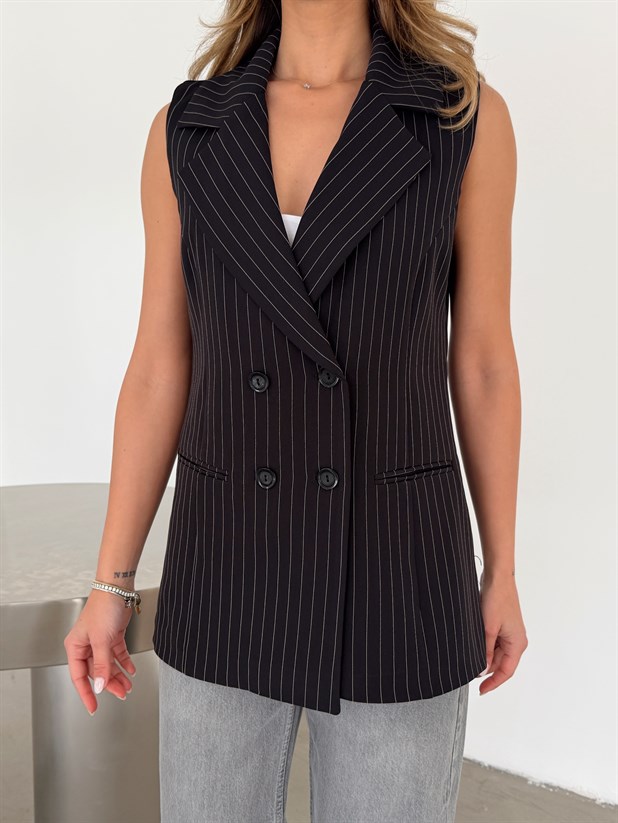 Ceket Yaka Line Yelek - Siyah