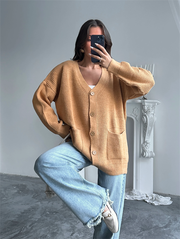 Çift Cepli Kemik Düğme Triko Hırka Hardal - Hardal