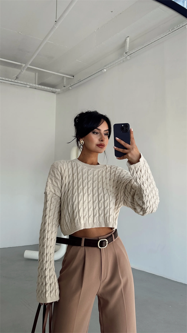 Saç Örgü Triko Crop Kazak Krem - Krem