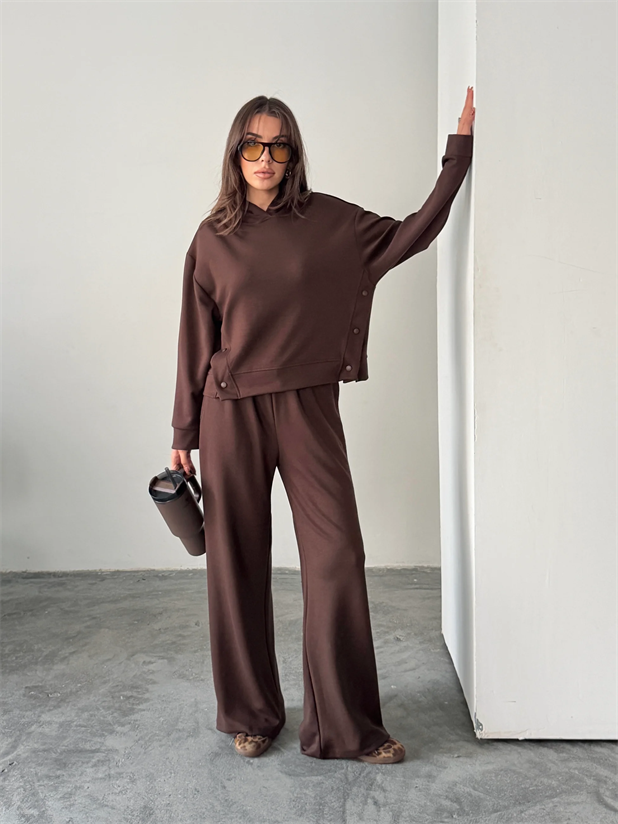 Çıt Çıt Detaylı Kapüşonlu Takım  - Kahve