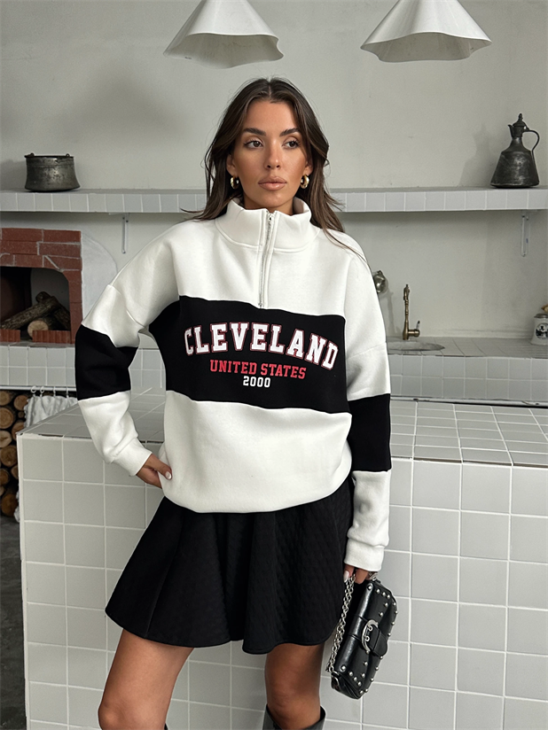 Baskılı Fermuarlı Sweat - Beyaz