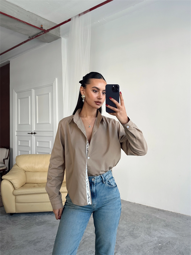 Kol Ve Pat Şerit Crop Gömlek - Camel