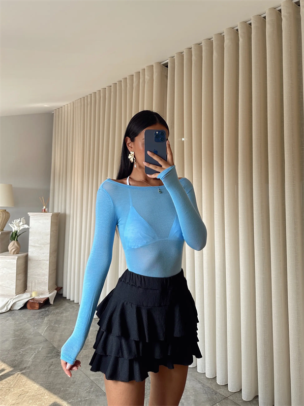 Kayık Yaka Transparan Bluz  - Bebe Mavi