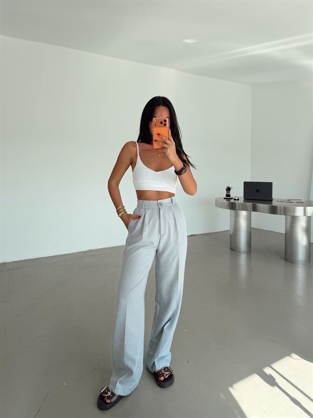 Arka Beli Lastikli Keten Pantolon - Gri