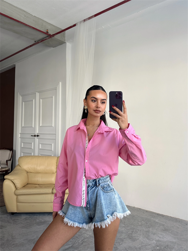 Kol Ve Pat Şerit Crop Gömlek - Pembe