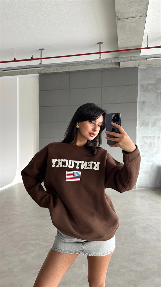 State Baskı Üç İplik Şardonlu Sweat Kahverengi - Kahverengi