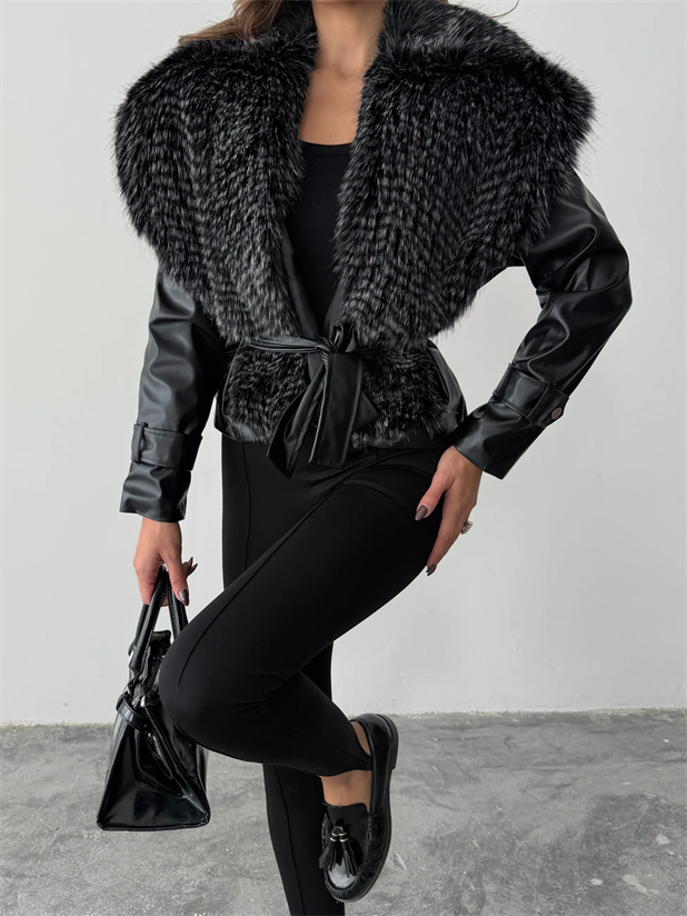 Premium Kürklü Deri Ceket  - Siyah
