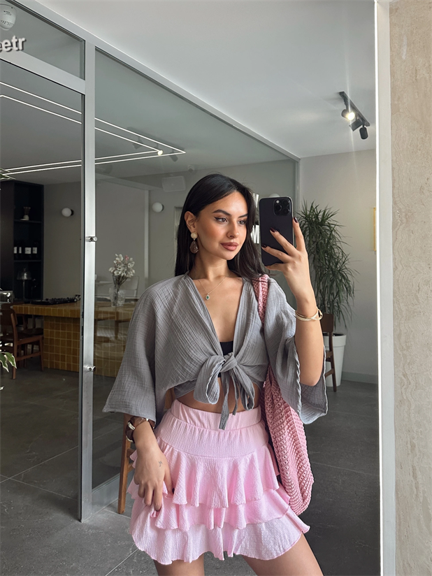 Müslin Kimono Bluz - Gri