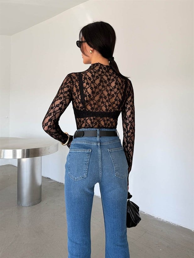 Dik Yaka Dantel Bluz - Siyah