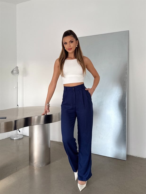 Arka Beli Lastikli Keten Pantolon - Lacivert