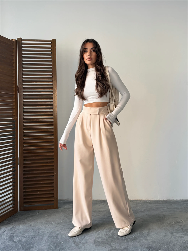 Bel Cırtlı Palazzo Pantolon  - Taş