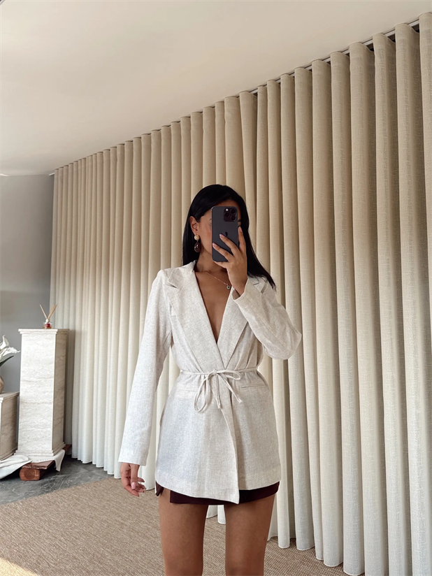 Keten Bağlamalı Blazer Ceket - Ekru
