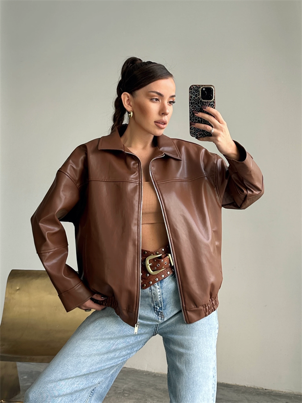 Deri Fermuarlı Bomber Mont - Taba