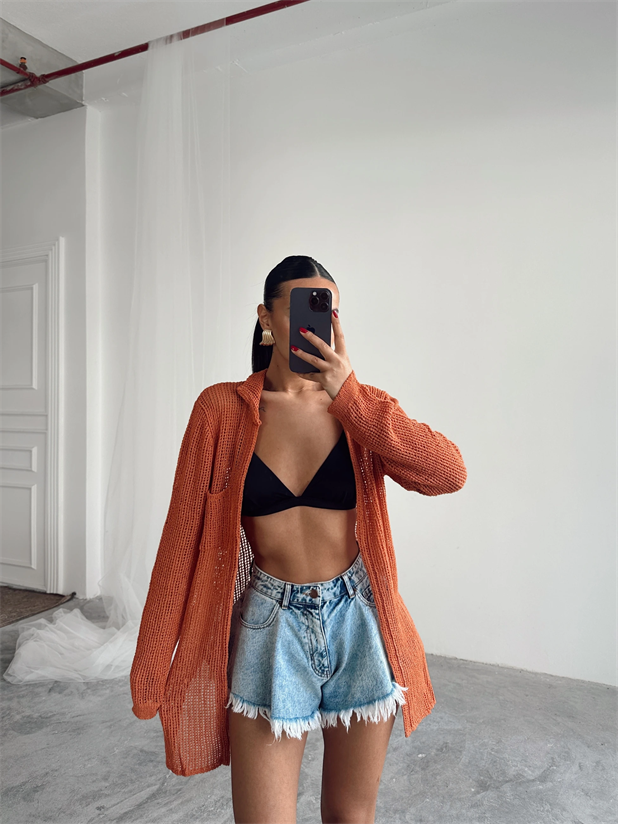 Beyli Ajur Polo Yaka Hırka Kiremit - Kiremit